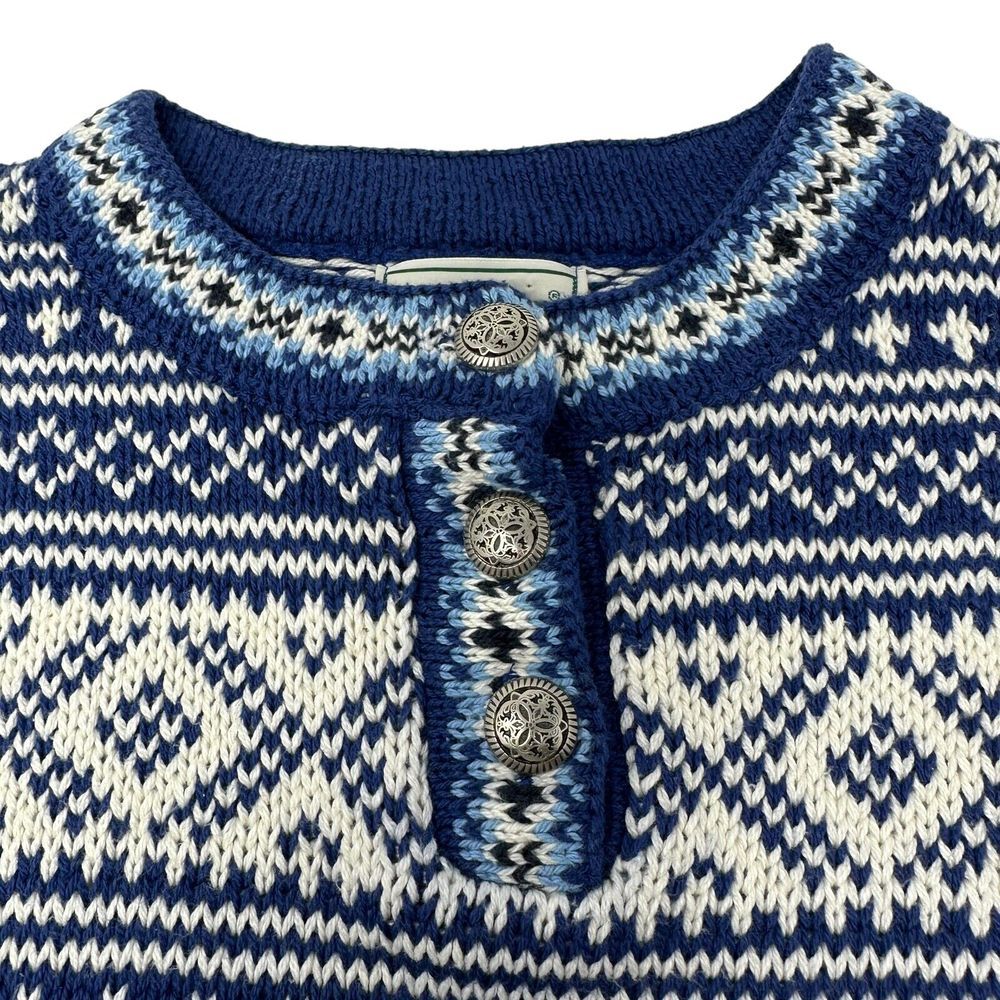LL Bean Women's Blue White Fair Isle Cotton Crewneck 3 Button Sweater Medium - Picture 5 of 13